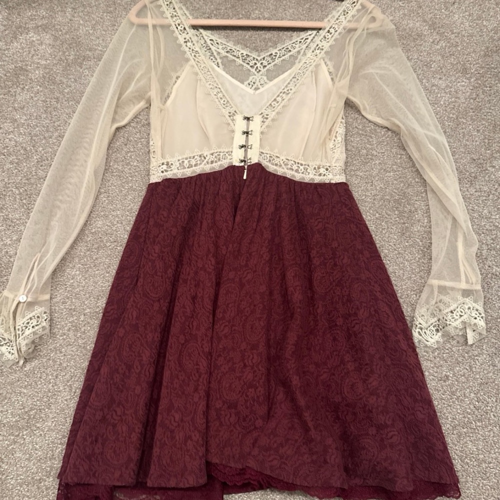Free People Cream and Burgundy Long Sleeve Dress xs 2 Victorian lace Victoria - Picture 6 of 7